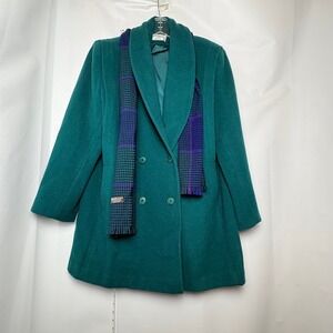 Forecaster Boston Teal Double Breasted Wool Blend Coat Plaid‎ Scarf Womens 14